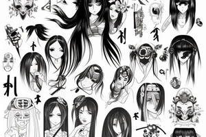 Anime Girl with long dark hair, split personality, psycho eyes and a samurai mask in her right hand tattoo idea