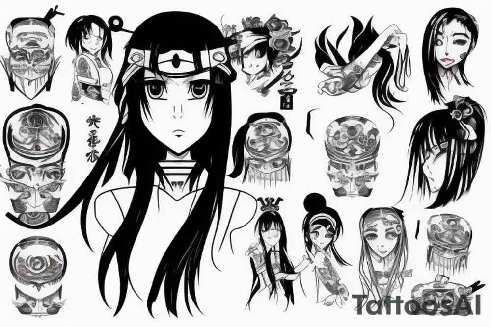 Anime Girl with long dark hair, split personality, psycho eyes and a samurai mask in her right hand tattoo idea