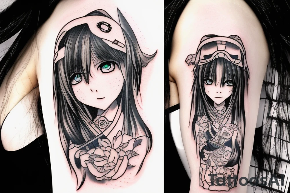 Anime Girl with long dark hair, split personality, psycho eyes and a samurai mask in her right hand tattoo idea