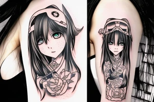 Anime Girl with long dark hair, split personality, psycho eyes and a samurai mask in her right hand tattoo idea