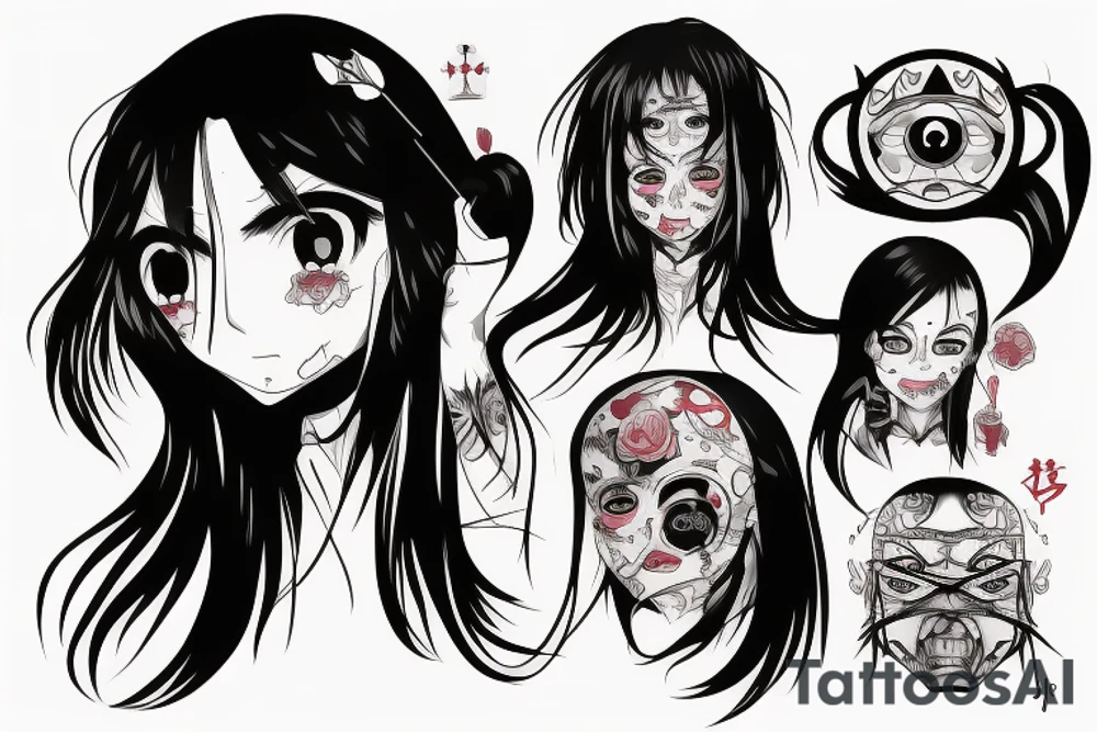 Anime Girl with long dark hair, split personality, psycho eyes and a samurai mask in her right hand tattoo idea