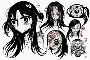 Anime Girl with long dark hair, split personality, psycho eyes and a samurai mask in her right hand tattoo idea