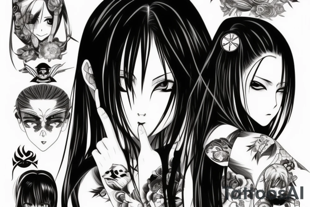 Anime Girl with long dark hair, split personality, psycho eyes and a samurai mask in her right hand tattoo idea