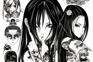 Anime Girl with long dark hair, split personality, psycho eyes and a samurai mask in her right hand tattoo idea