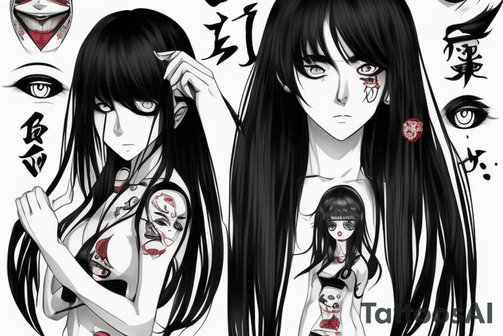 Anime Girl with long dark hair, split personality, psycho eyes and a samurai mask in her right hand tattoo idea