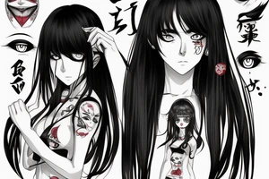 Anime Girl with long dark hair, split personality, psycho eyes and a samurai mask in her right hand tattoo idea