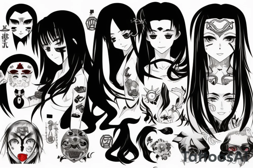 Anime Girl with long dark hair, split personality, psycho eyes and a samurai mask in her right hand tattoo idea