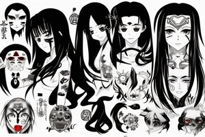 Anime Girl with long dark hair, split personality, psycho eyes and a samurai mask in her right hand tattoo idea