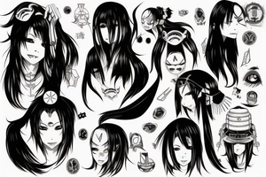 Anime Girl with long dark hair, split personality, psycho eyes and a samurai mask in her right hand tattoo idea