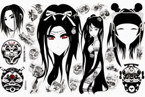 Anime Girl with long dark hair, split personality, psycho eyes and a samurai mask in her right hand tattoo idea