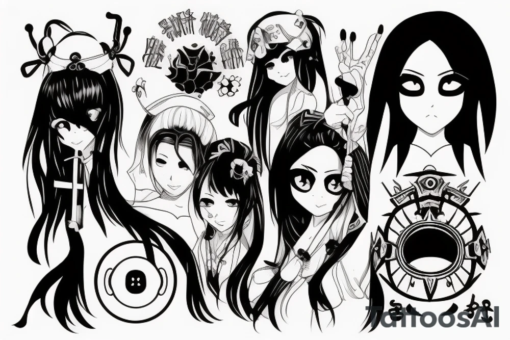 Anime Girl with long dark hair, split personality, psycho eyes and a samurai mask in her right hand tattoo idea