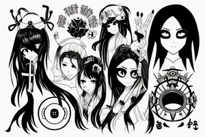 Anime Girl with long dark hair, split personality, psycho eyes and a samurai mask in her right hand tattoo idea