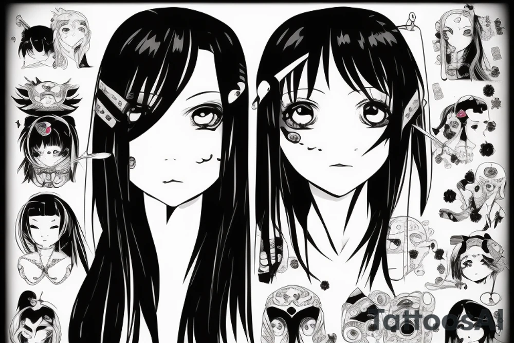 Anime Girl with long dark hair, split personality, psycho eyes and a samurai mask in her right hand tattoo idea