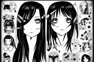 Anime Girl with long dark hair, split personality, psycho eyes and a samurai mask in her right hand tattoo idea