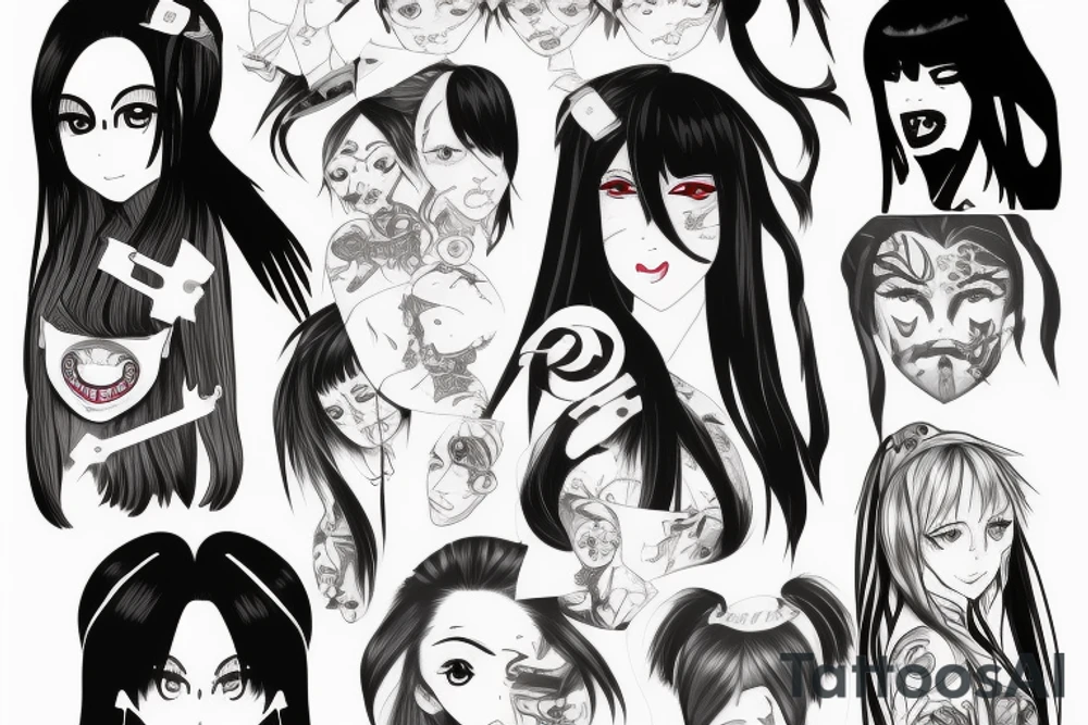 Anime Girl with long dark hair, split personality, psycho eyes and a samurai mask in her right hand tattoo idea