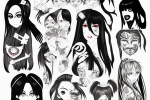 Anime Girl with long dark hair, split personality, psycho eyes and a samurai mask in her right hand tattoo idea