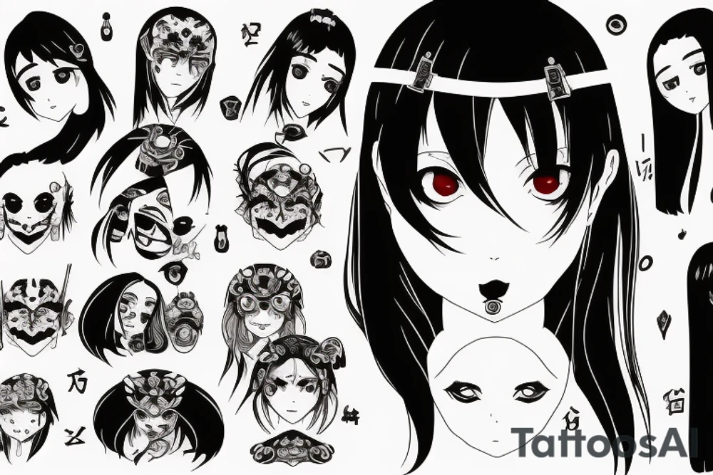 Anime Girl with long dark hair, split personality, psycho eyes and a samurai mask in her right hand tattoo idea