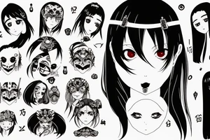 Anime Girl with long dark hair, split personality, psycho eyes and a samurai mask in her right hand tattoo idea