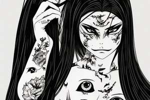 Anime Girl with long dark hair, split personality, psycho eyes and a samurai mask in her right hand tattoo idea