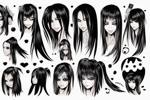 Anime Girl with long dark hair, split personality, psycho eyes and a samurai mask in her right hand tattoo idea