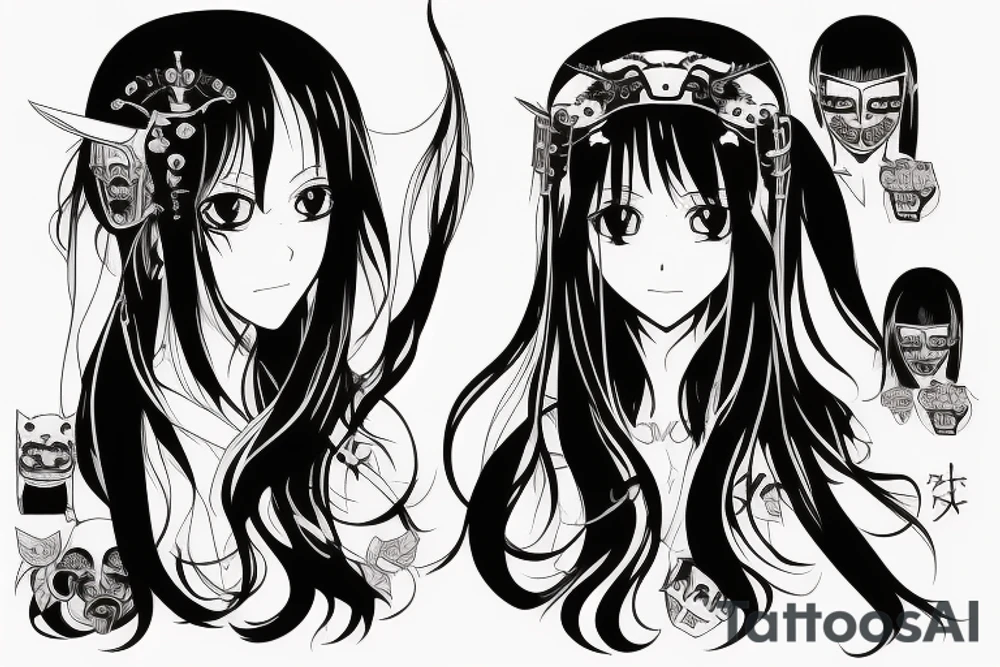 Anime Girl with long dark hair, split personality, psycho eyes and a samurai mask in her right hand tattoo idea