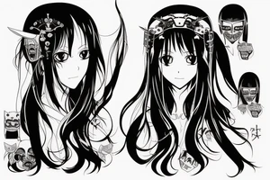 Anime Girl with long dark hair, split personality, psycho eyes and a samurai mask in her right hand tattoo idea