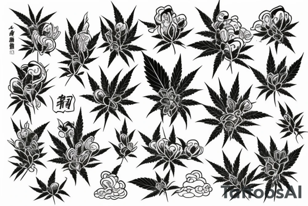 A slevee in japanese flowers theme with weed included in the background tattoo idea