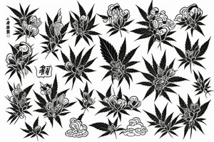 A slevee in japanese flowers theme with weed included in the background tattoo idea