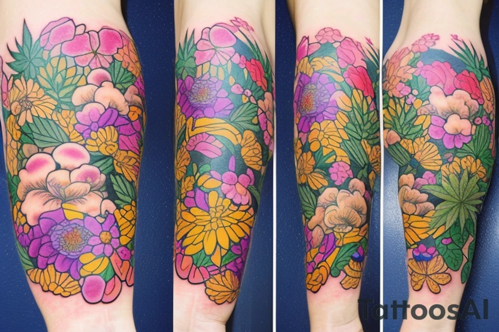 A slevee in japanese flowers theme with weed included in the background tattoo idea