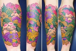 A slevee in japanese flowers theme with weed included in the background tattoo idea