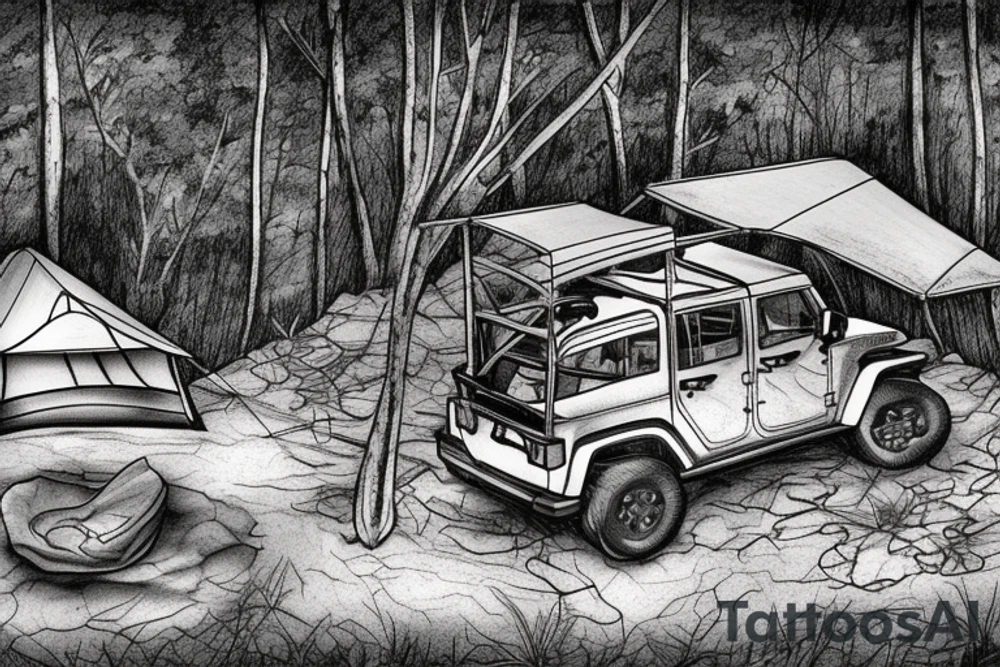 wooded campsite next to a creek, hammock and tarp, Black jeep wrangler, campfire, mountains in the background, night sky tattoo idea