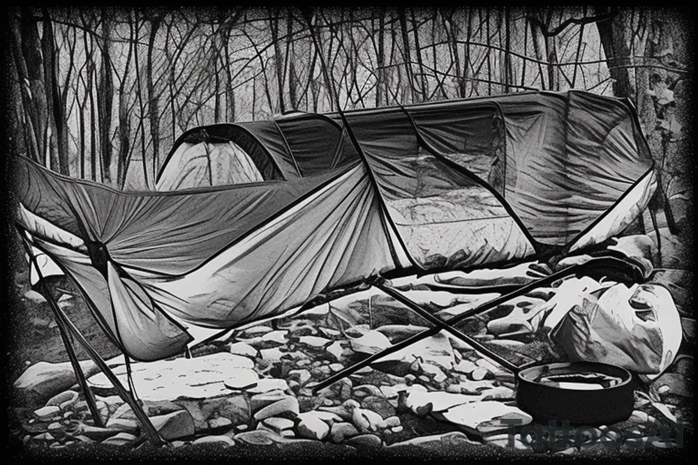 wooded campsite next to a creek, hammock and tarp, Black jeep wrangler, campfire, mountains in the background, night sky tattoo idea