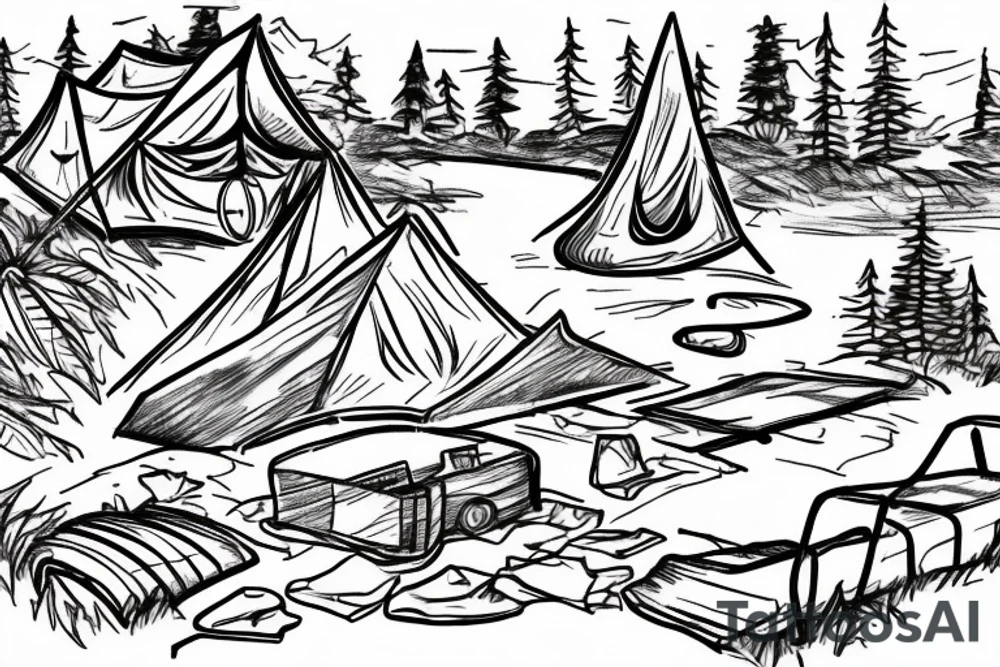 wooded campsite next to a creek, hammock and tarp, Black jeep wrangler, campfire, mountains in the background, night sky tattoo idea