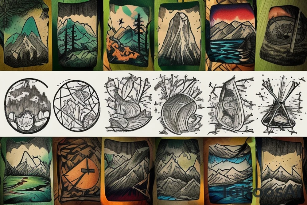 wooded campsite next to a creek, hammock, campfire, mountains in the background, night sky tattoo idea