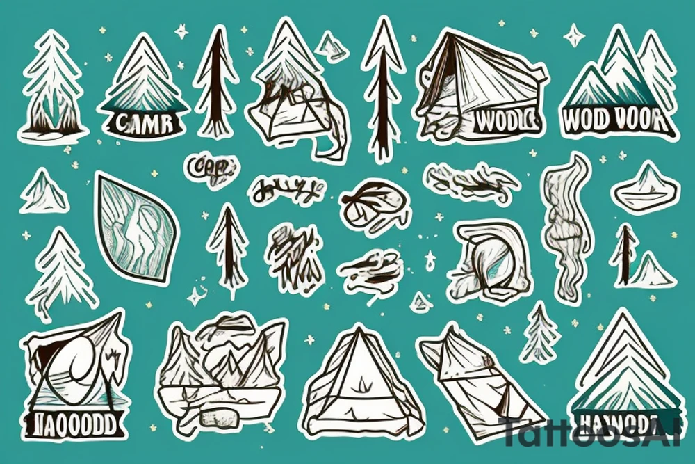 wooded campsite next to a creek, hammock, campfire, mountains in the background, night sky tattoo idea