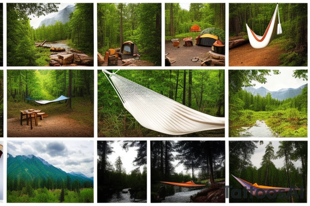 wooded campsite next to a creek, hammock, campfire, mountains in the background, night sky, panorama tattoo idea