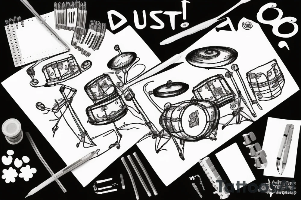 Staffordshire dog playing drums tattoo idea