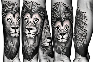 I‘d like to have a realistic lion with a clock an some nature around tattoo idea