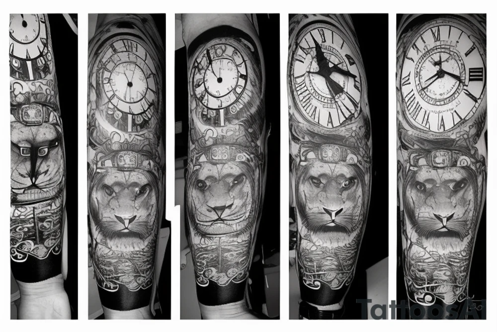 A lion with a clock in his eyes tattoo idea