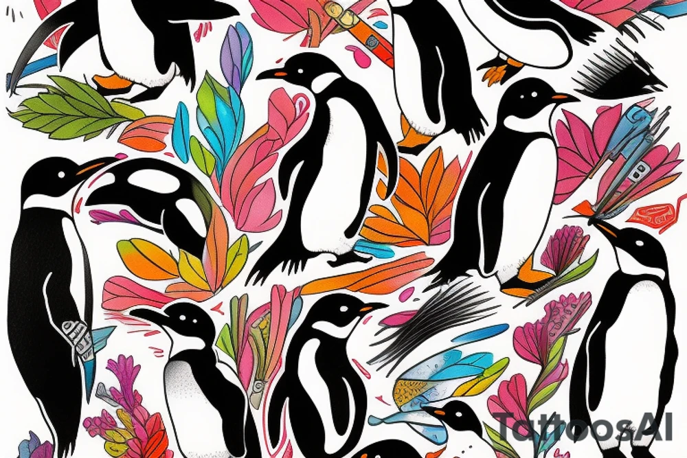 Penguin as an artist with brushstrokes vibrant tattoo idea