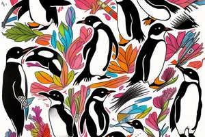 Penguin as an artist with brushstrokes vibrant tattoo idea