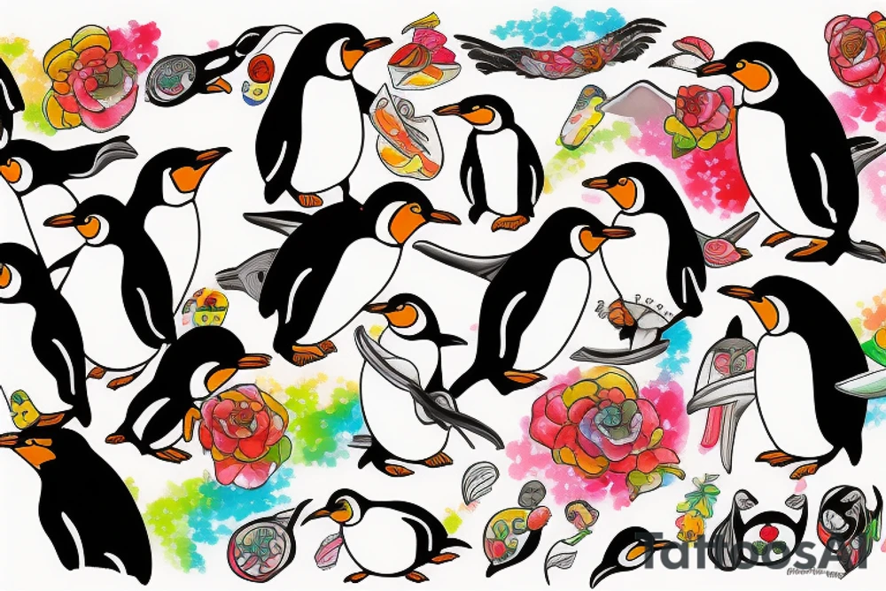 Penguin as an artist with brushstrokes vibrant tattoo idea
