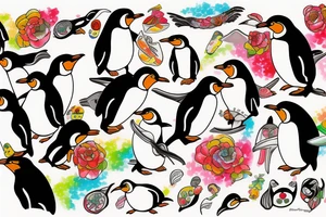 Penguin as an artist with brushstrokes vibrant tattoo idea