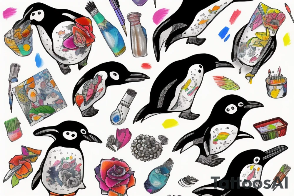 Penguin as an artist with brushstrokes vibrant tattoo idea