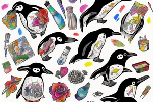 Penguin as an artist with brushstrokes vibrant tattoo idea