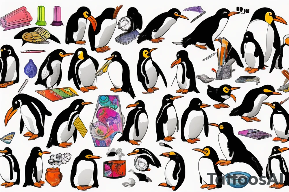 Penguin as an artist with brushstrokes vibrant tattoo idea