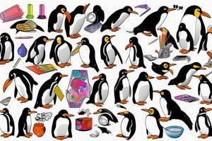Penguin as an artist with brushstrokes vibrant tattoo idea
