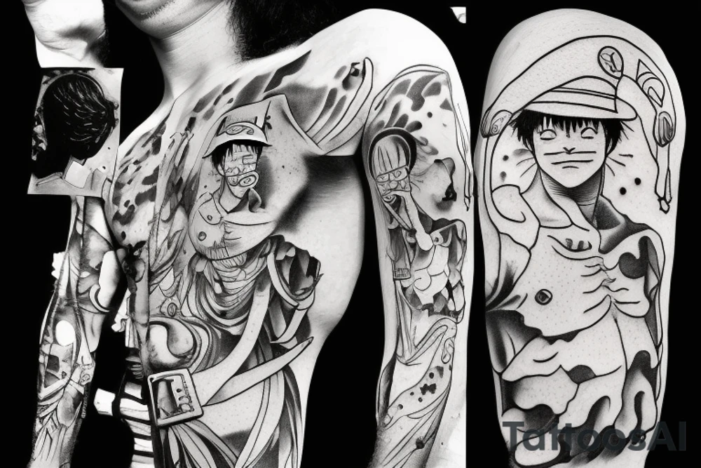 Leonardo da vinci's human body but its luffy from one piece tattoo idea