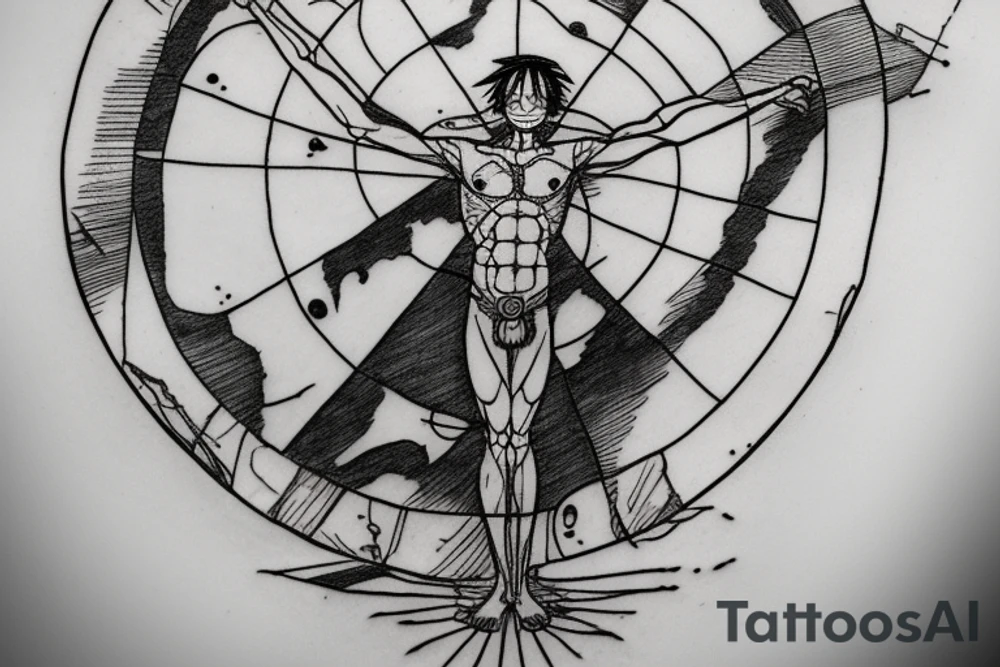 Leonardo da vinci's vitruvian man but its luffy from one piece tattoo idea