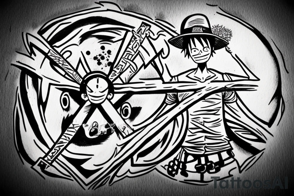 The virtuvian man circle with luffy from enies lobby in the middle tattoo idea
